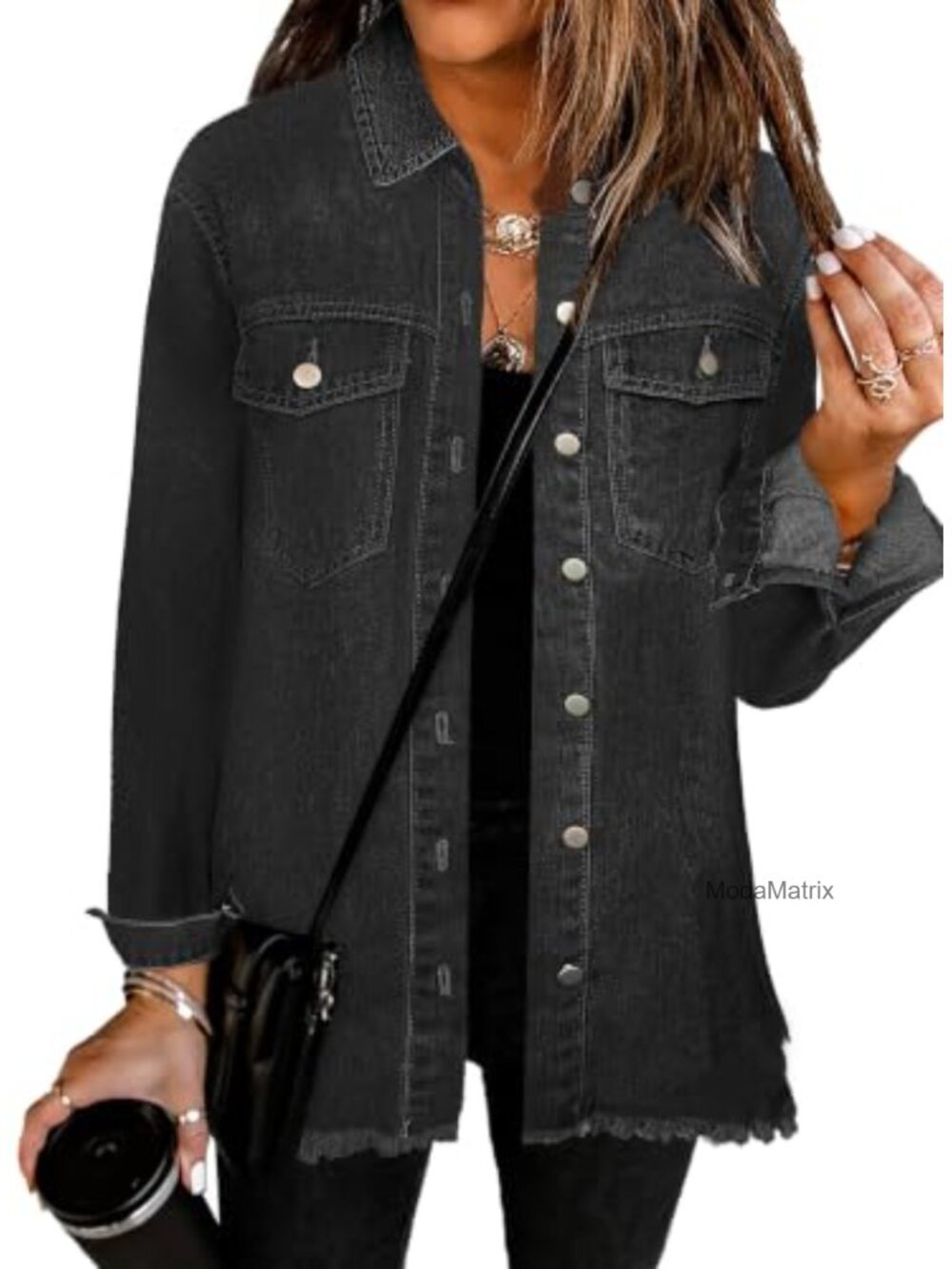 Oversized Distressed Denim Jacket Button Utility Pocket Frayed Hem